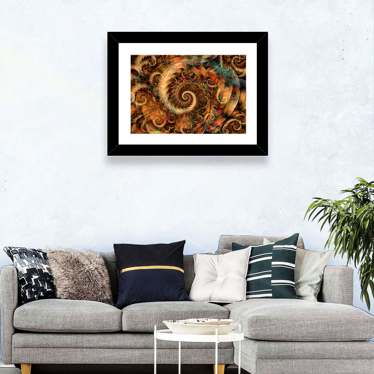 Golden Spiral Fractal Wall Art in a room, landscape