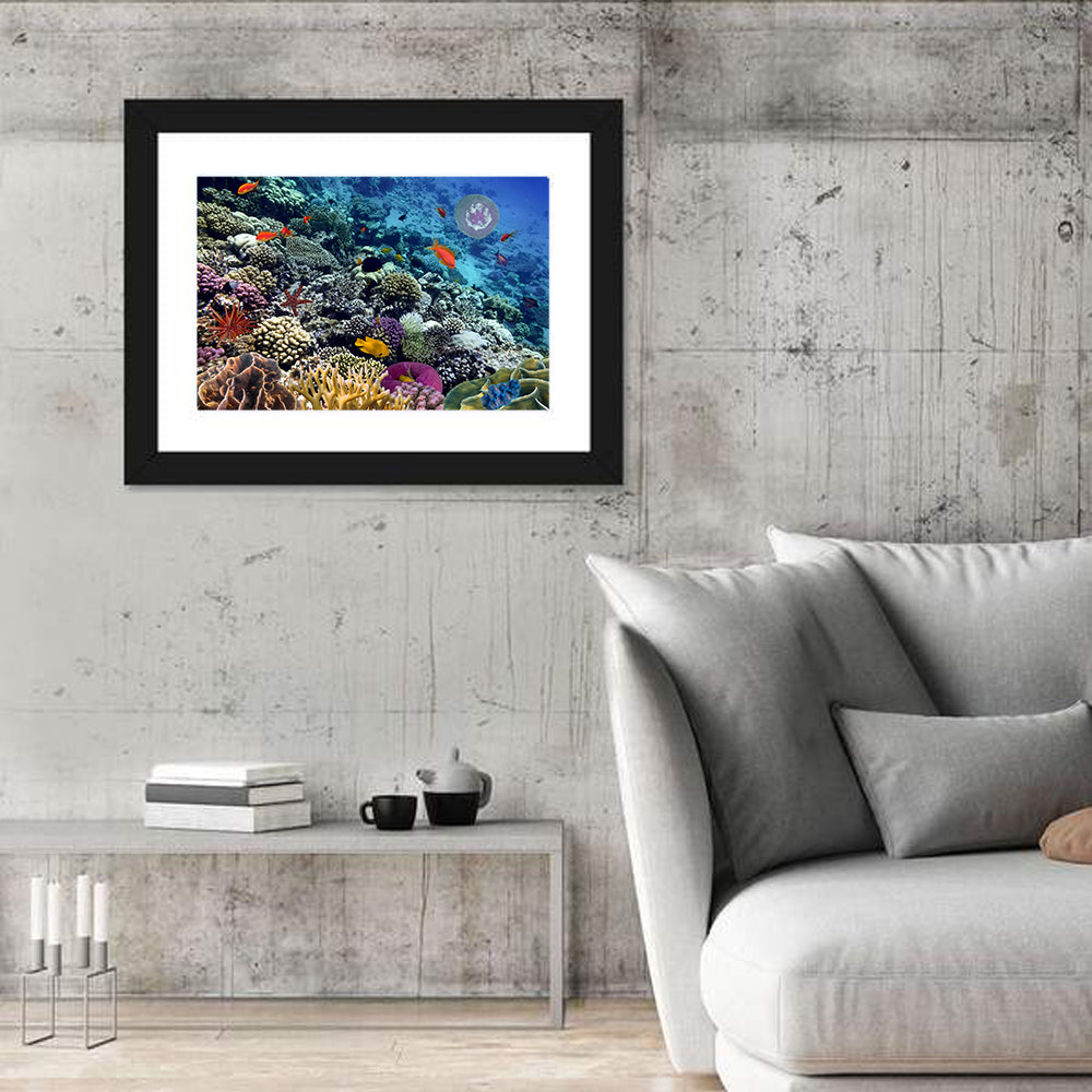 Vibrant Coral Reef Scene Wall Art in a room, landscape