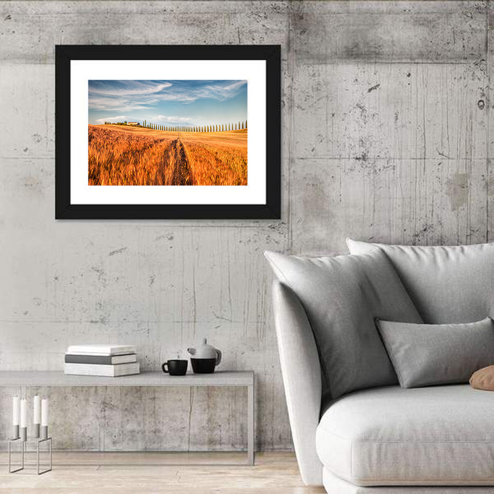 Tuscan Wheat Field Wall Art in a room, landscape