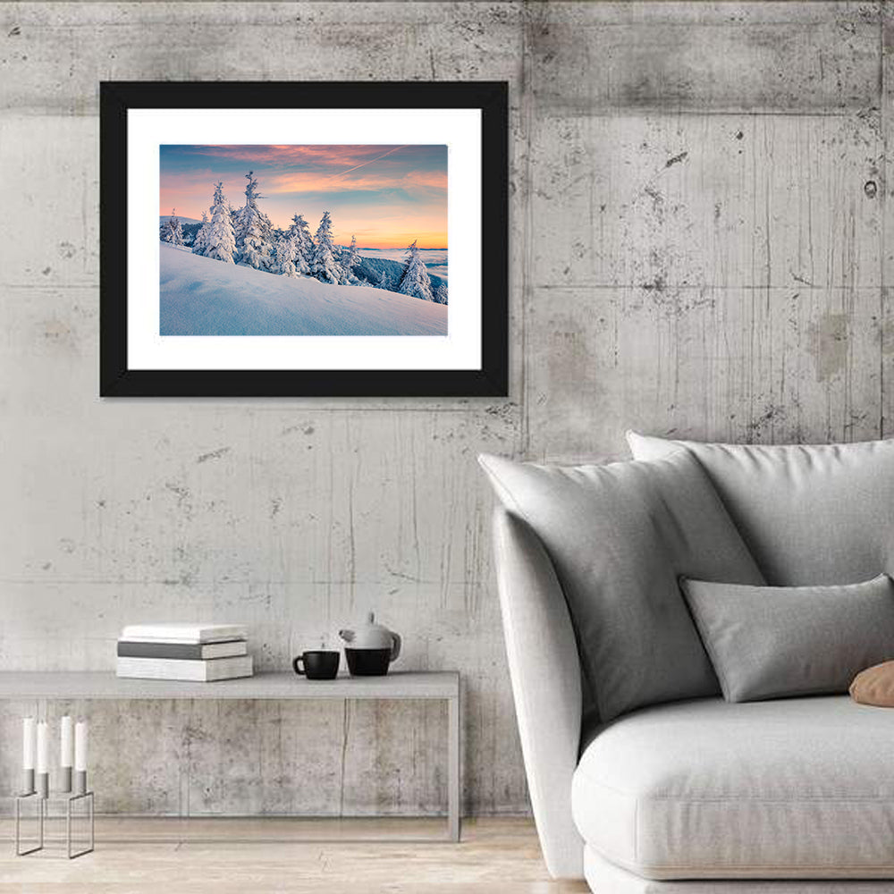 Snowy Carpathian Sunset Wall Art in a room, landscape