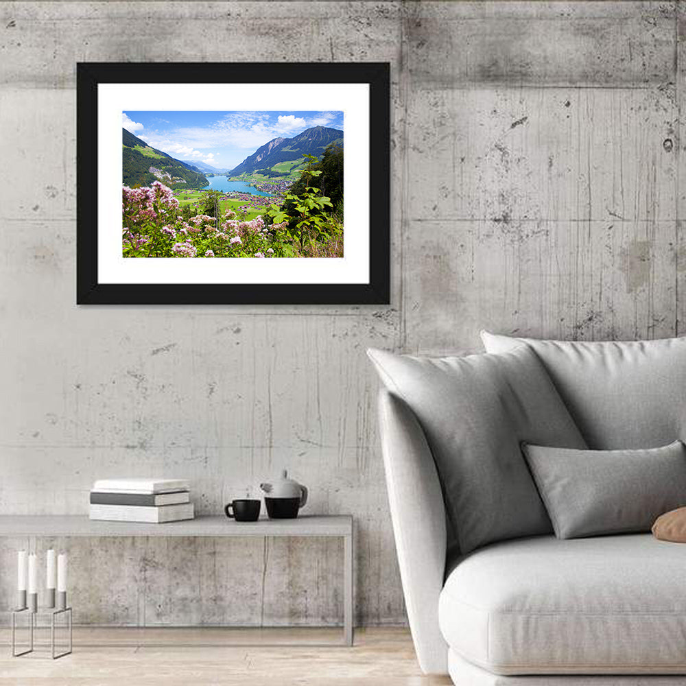 Lungern Village with Wildflowers Wall Art in a room, landscape