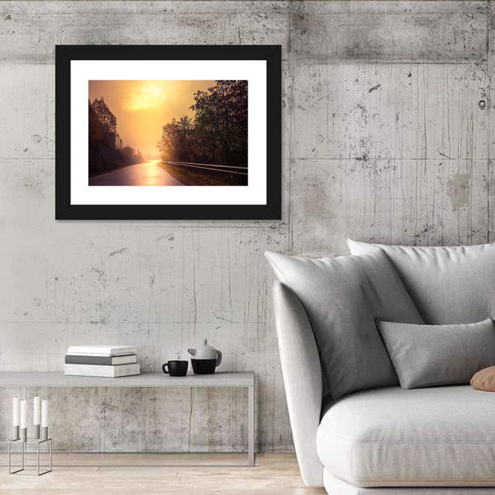 Windy Misty Forest Road Wall Art in a room, landscape