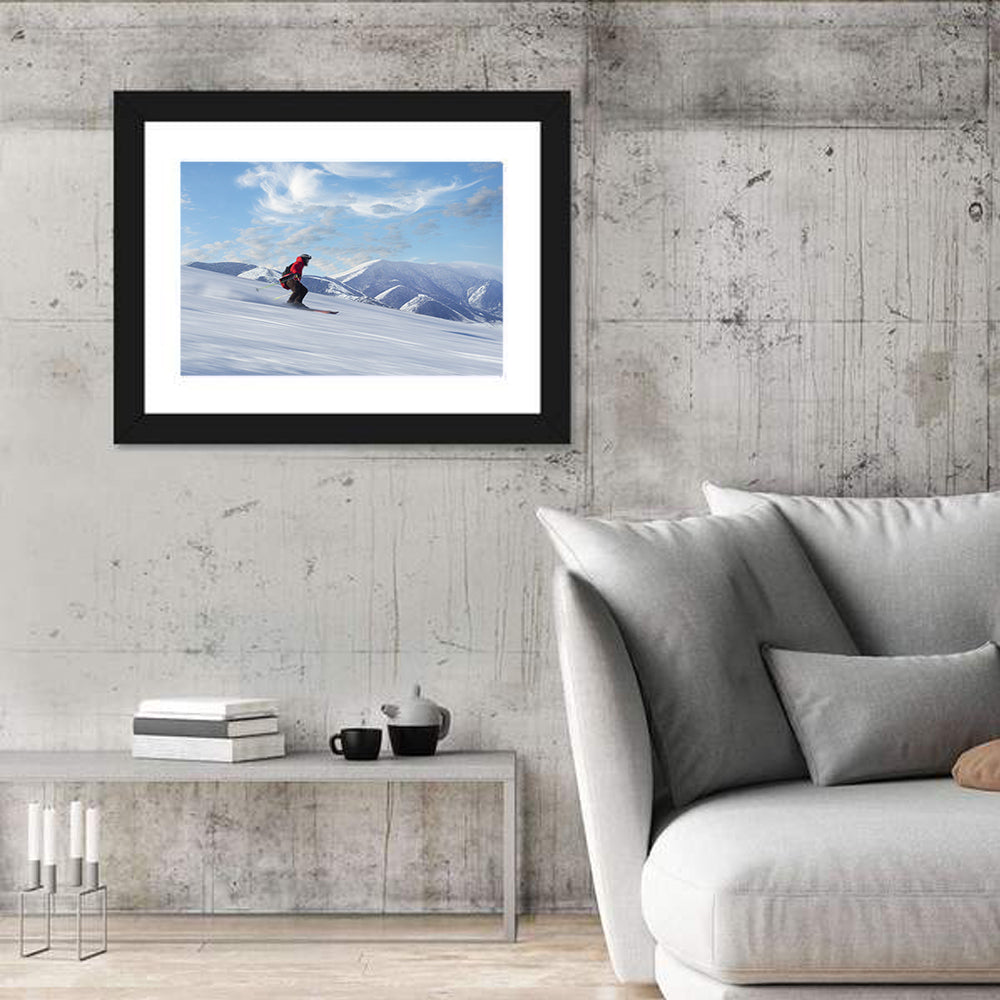 Skier on Snowy Mountain Slope Wall Art in a room, landscape