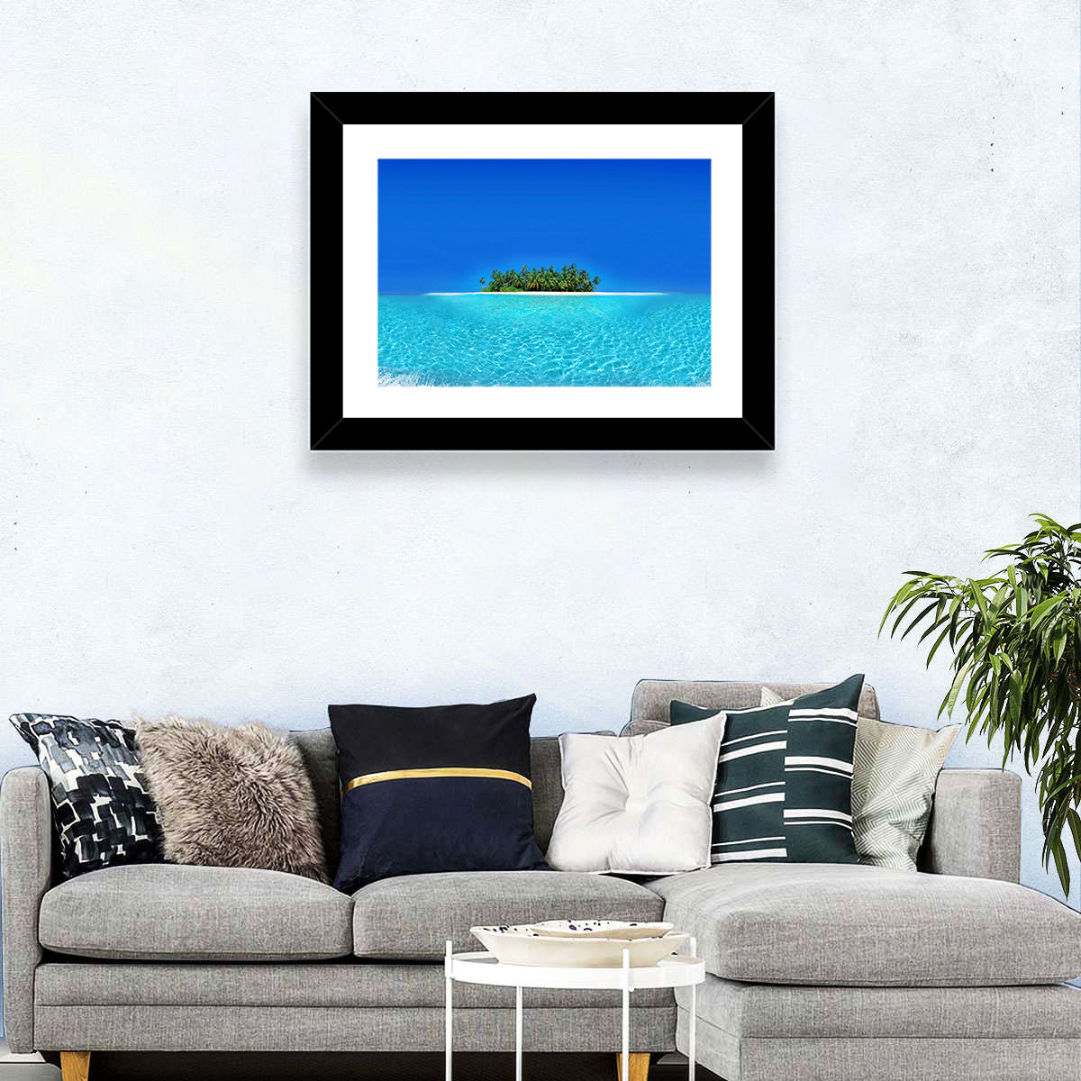 Turquoise Atoll Sandbar with Palm Trees Wall Art in a room, landscape