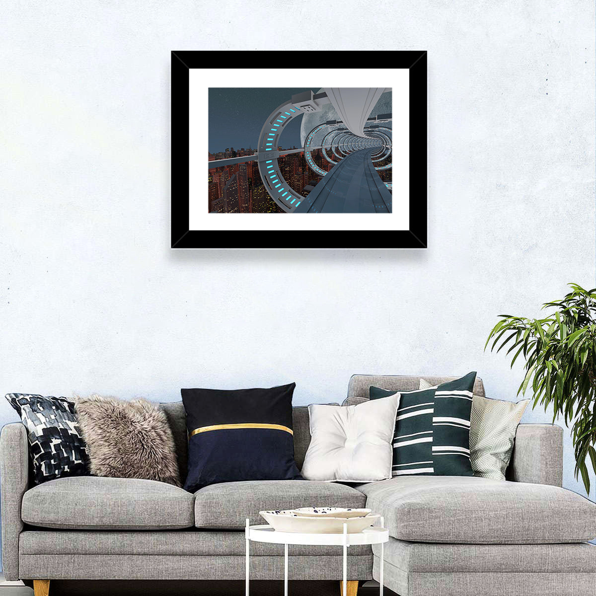 Futuristic City Tunnel with Moon Wall Art