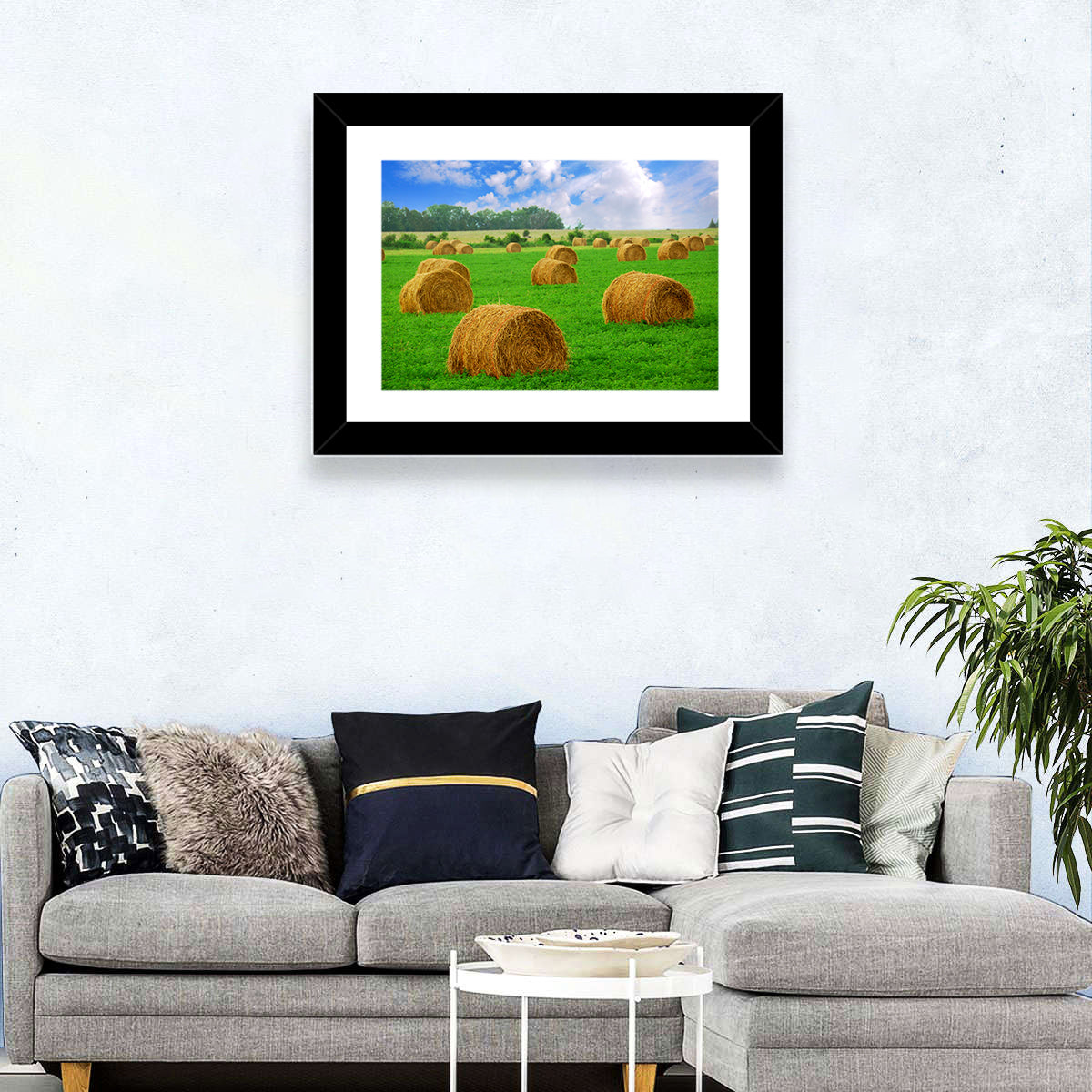 Golden Hay Bales in Green Field Wall Art in a room, landscape