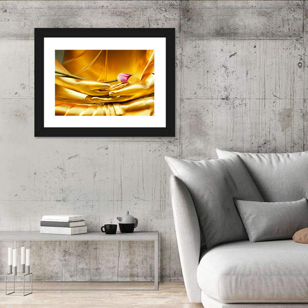 Buddha Hands with Lotus Wall Art in a room, landscape