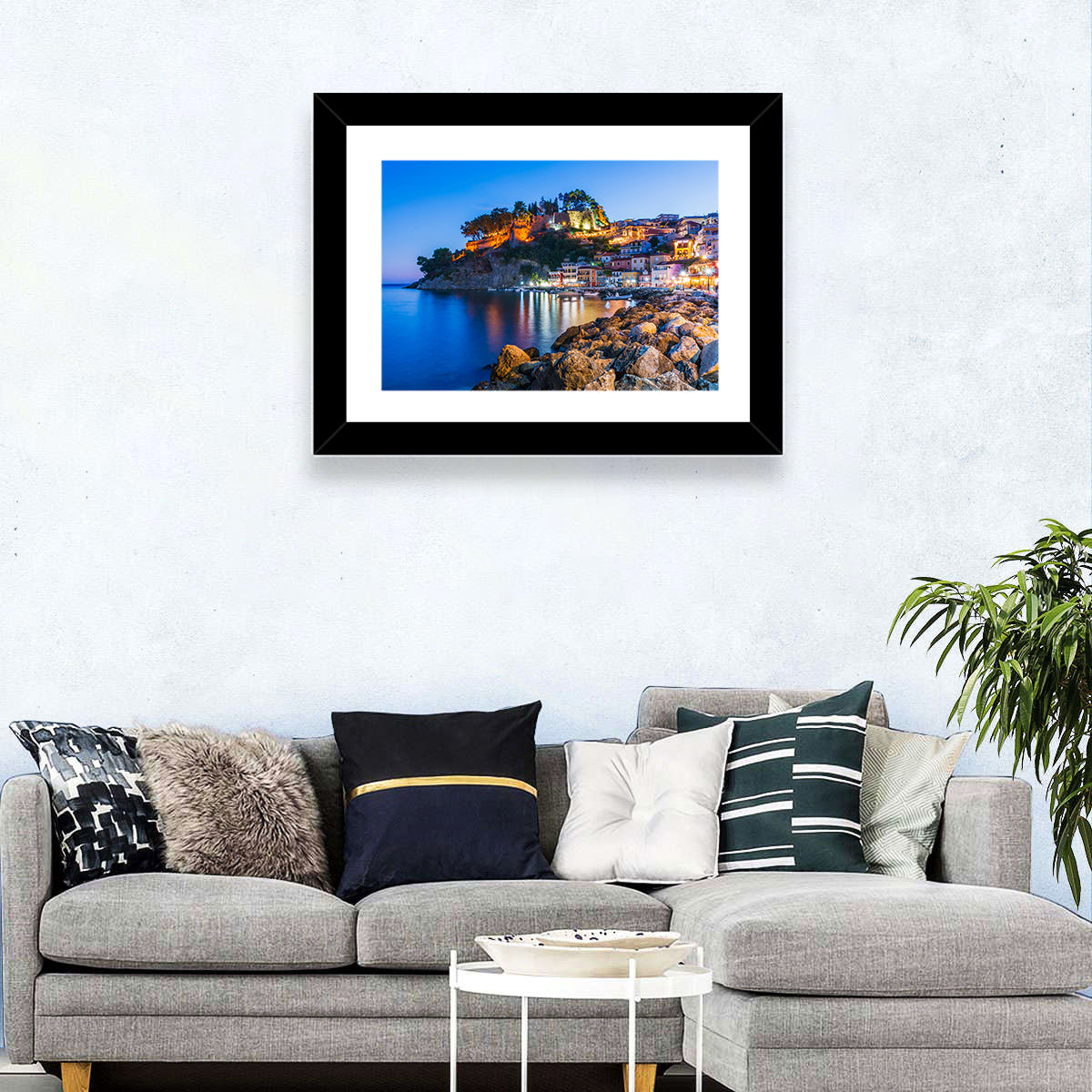 Parga Harbor at Dusk Wall Art in a room, landscape