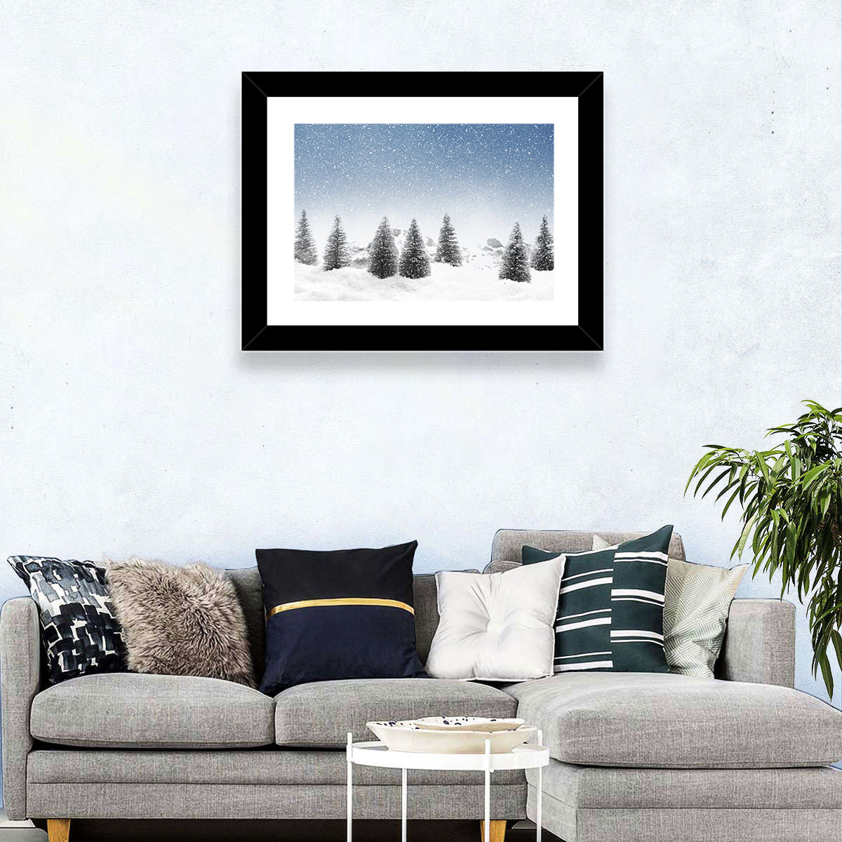 Winter Pine Trees Landscape Wall Art in a room, landscape