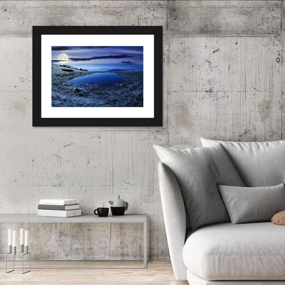 Mountain Lake at Night Wall Art in a room, landscape