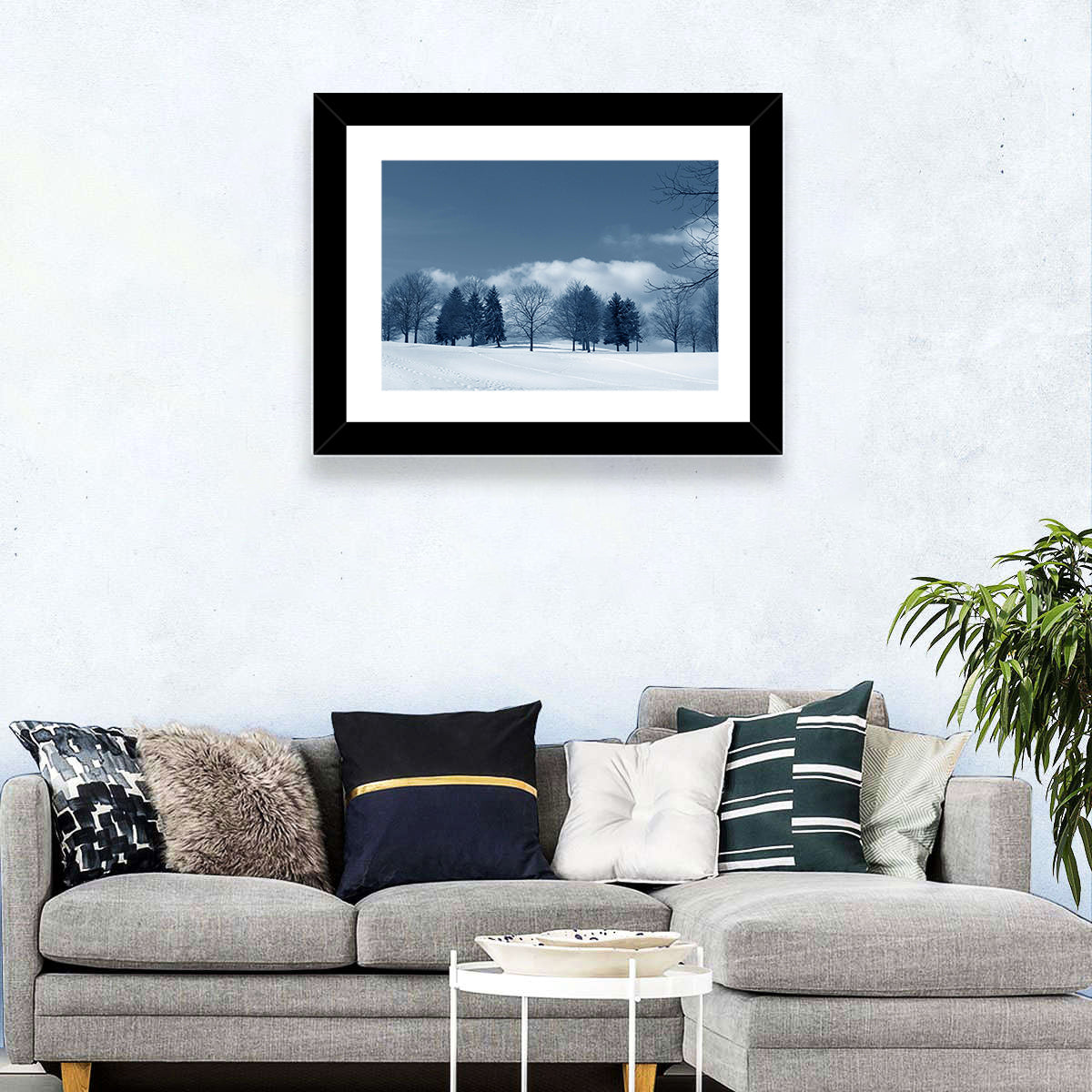 Snowy Field with Tracks Wall Art in a room, landscape