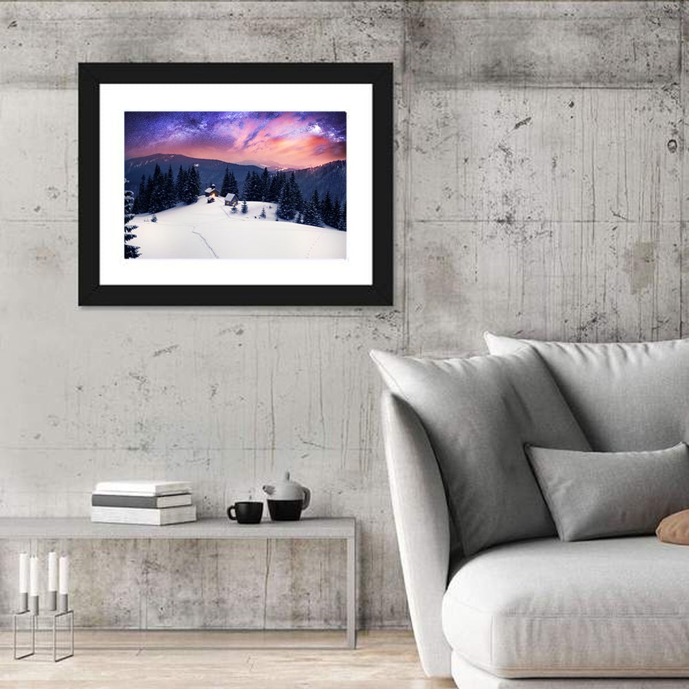 Starry Winter Cabins Under the Milky Way Wall Art in a room, landscape