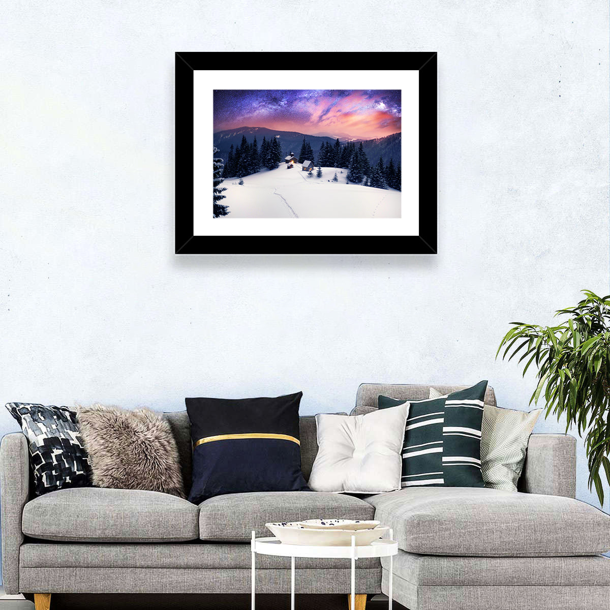 Starry Winter Cabins Under the Milky Way Wall Art in a room, landscape