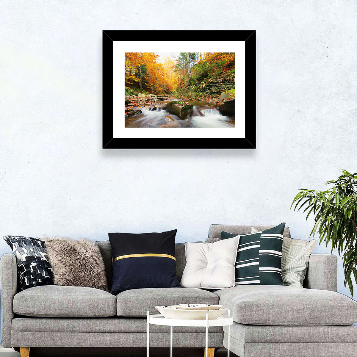 Forest Stream in Autumn Wall Art in a room, landscape
