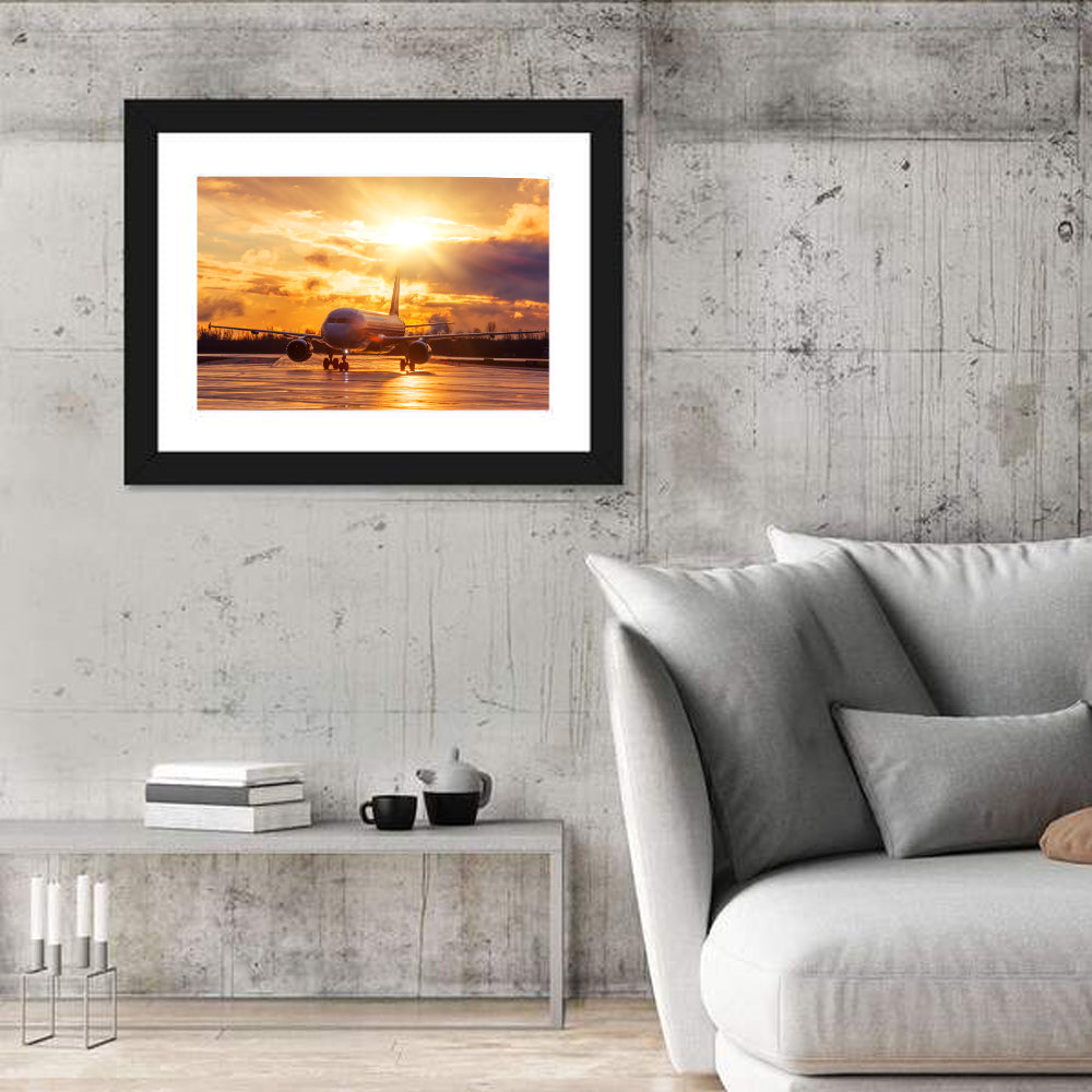 Golden Hour Airliner on Wet Runway Wall Art in a room, landscape
