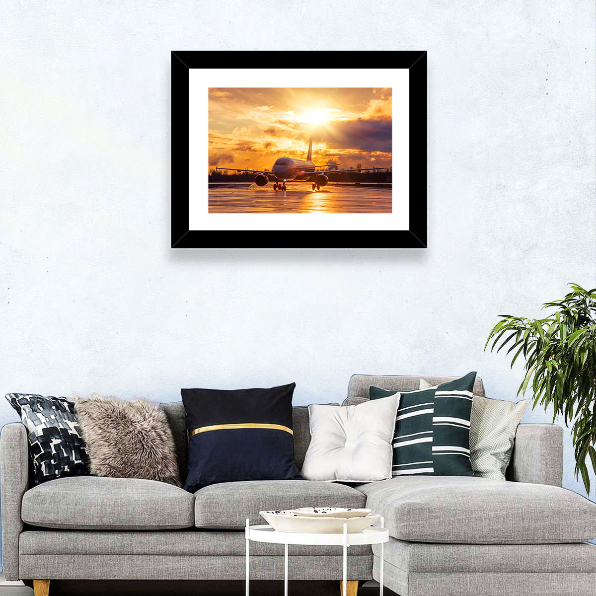 Golden Hour Airliner on Wet Runway Wall Art in a room, landscape