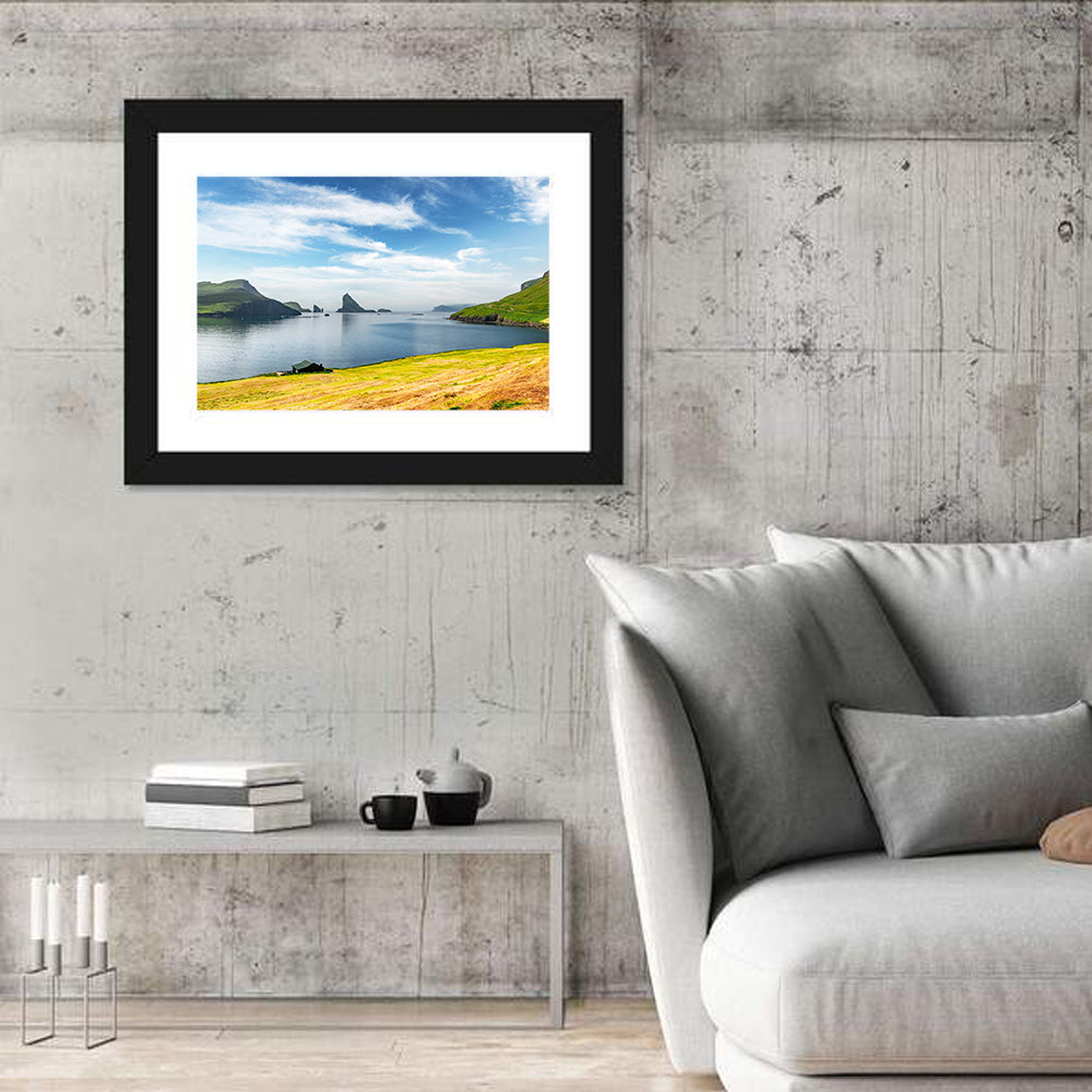 Tindhólmur and Drangarnir Coastal Bay Wall Art in a room, landscape