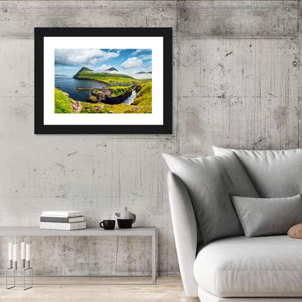 Gjógv Harbor Coastal Village Wall Art in a room, landscape