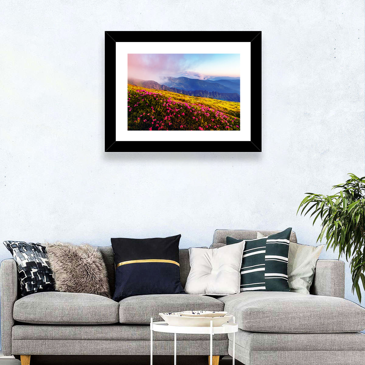 Alpine Rhododendron Meadow at Golden Hour Wall Art in a room, landscape