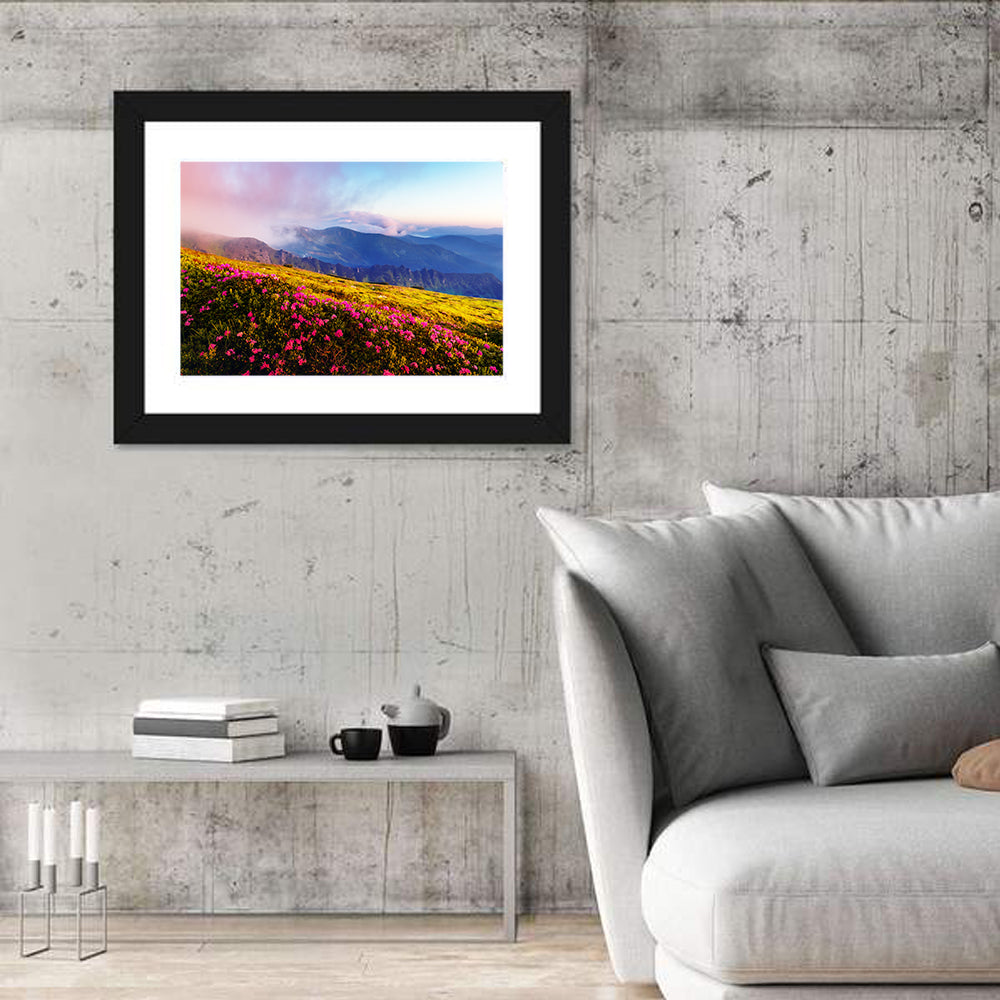 Alpine Rhododendron Meadow at Golden Hour Wall Art in a room, landscape