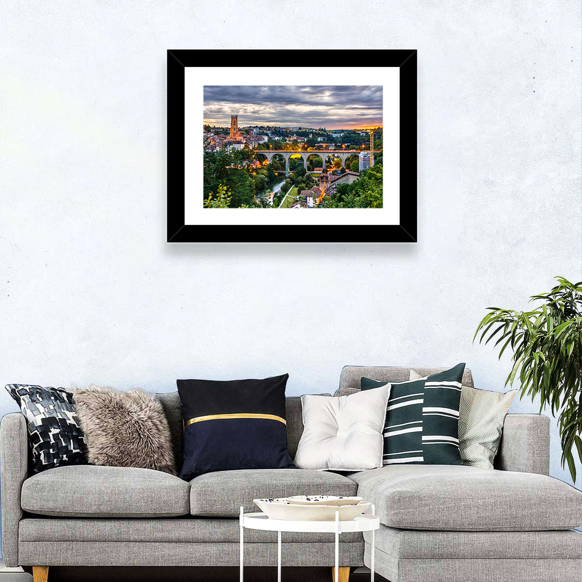 Zähringen Bridge at Twilight, Fribourg Wall Art in a room, landscape