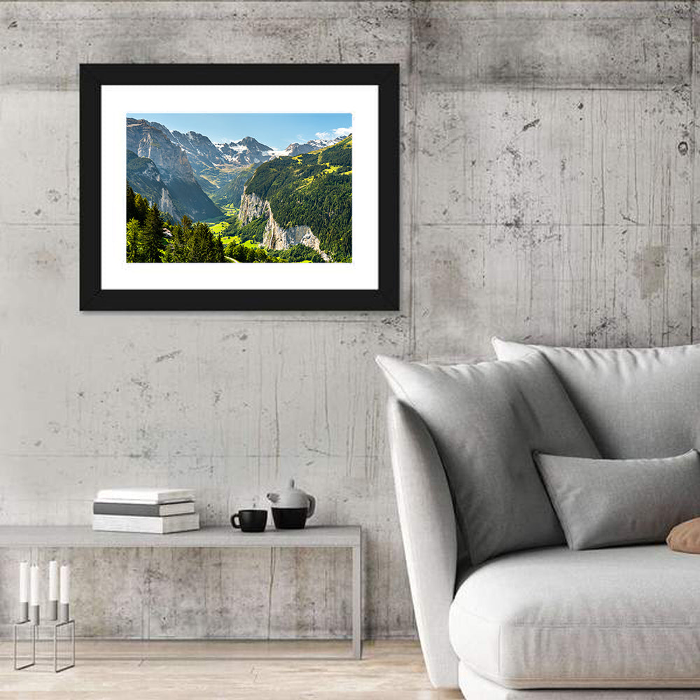Lauterbrunnen Valley Waterfall View Wall Art in a room, landscape