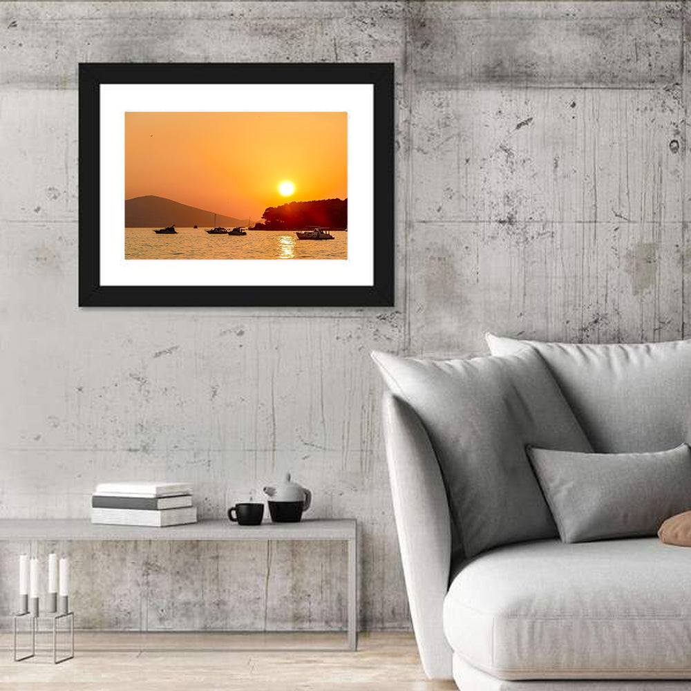 Golden Harbor Sunset Wall Art in a room, landscape