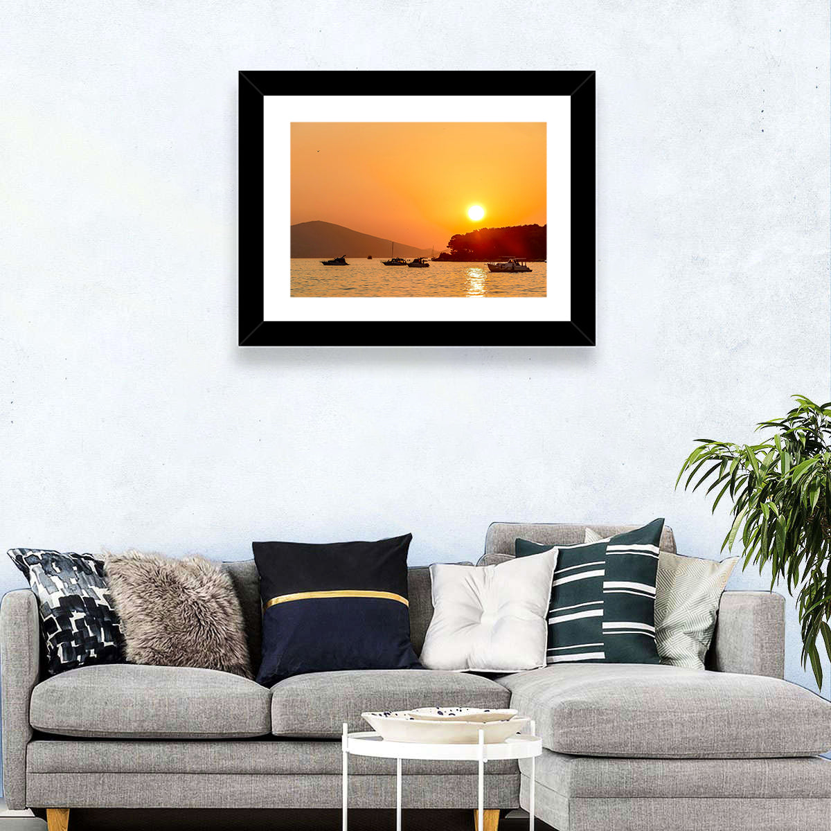 Golden Harbor Sunset Wall Art in a room, landscape
