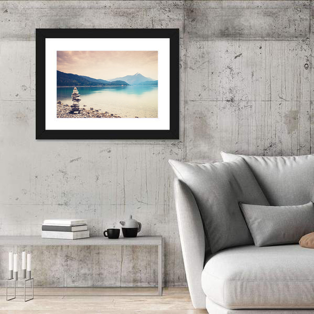 Stone Cairn by a Mountain Lake Wall Art in a room, landscape