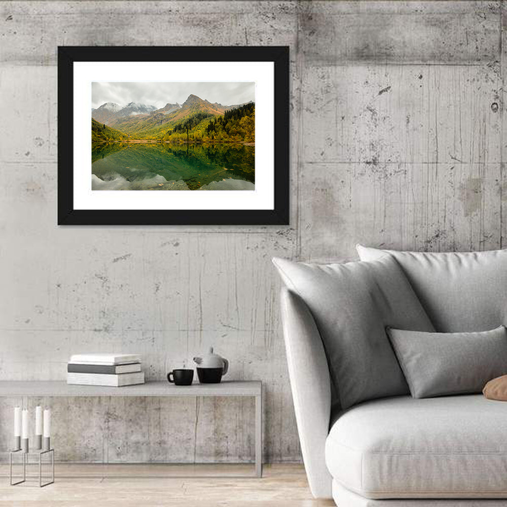 Kardyvach Lake Reflection Under Clouded Peaks Wall Art
