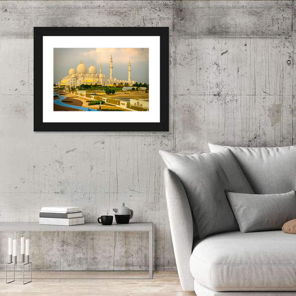 Sheikh Zayed Grand Mosque at Golden Dusk Wall Art in a room, landscape