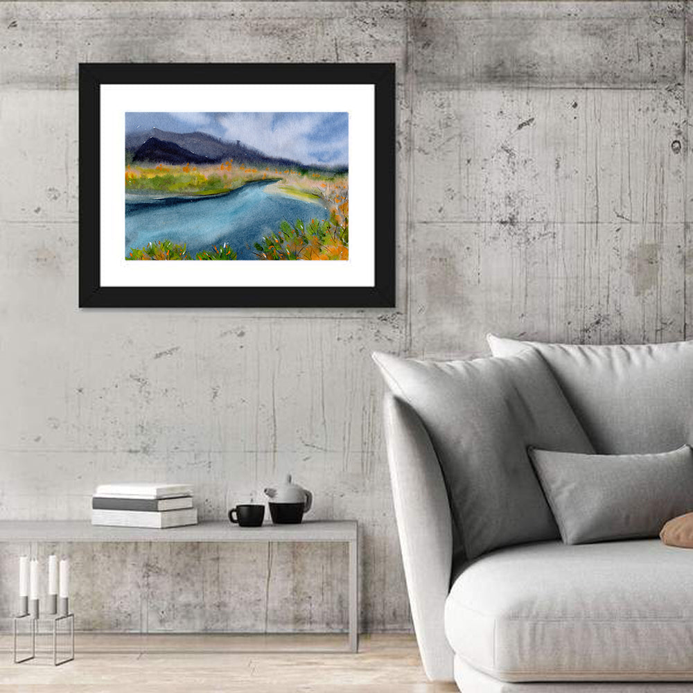 Misty Autumn River and Mountain Landscape Wall Art