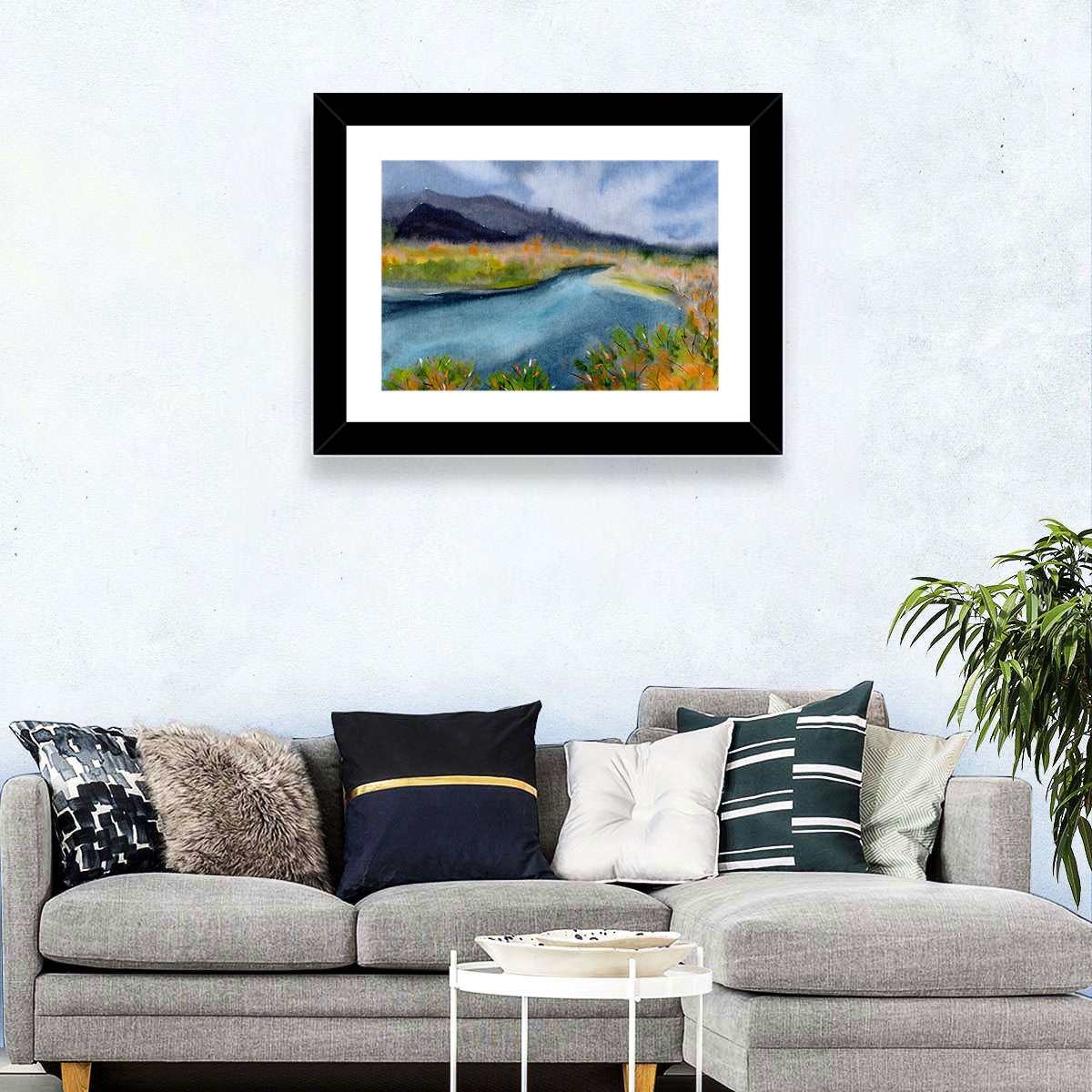 Misty Autumn River and Mountain Landscape Wall Art