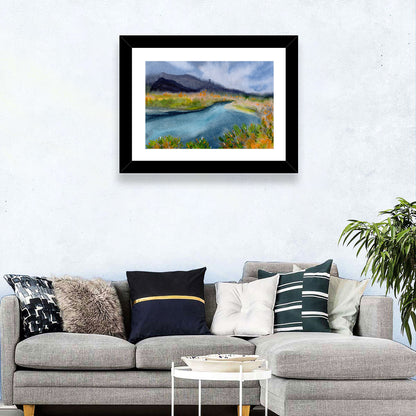 Misty Autumn River and Mountain Landscape Wall Art