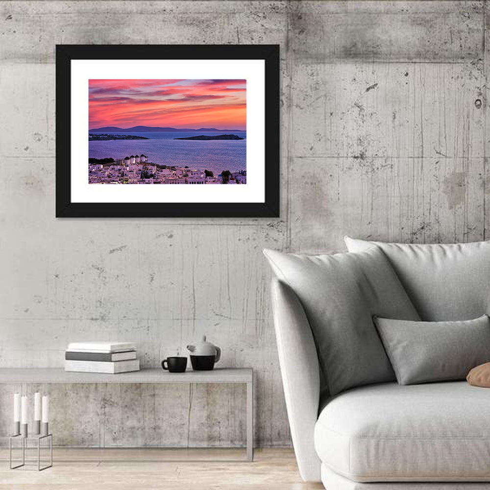 Mykonos Windmills at Sunset Wall Art in a room, landscape