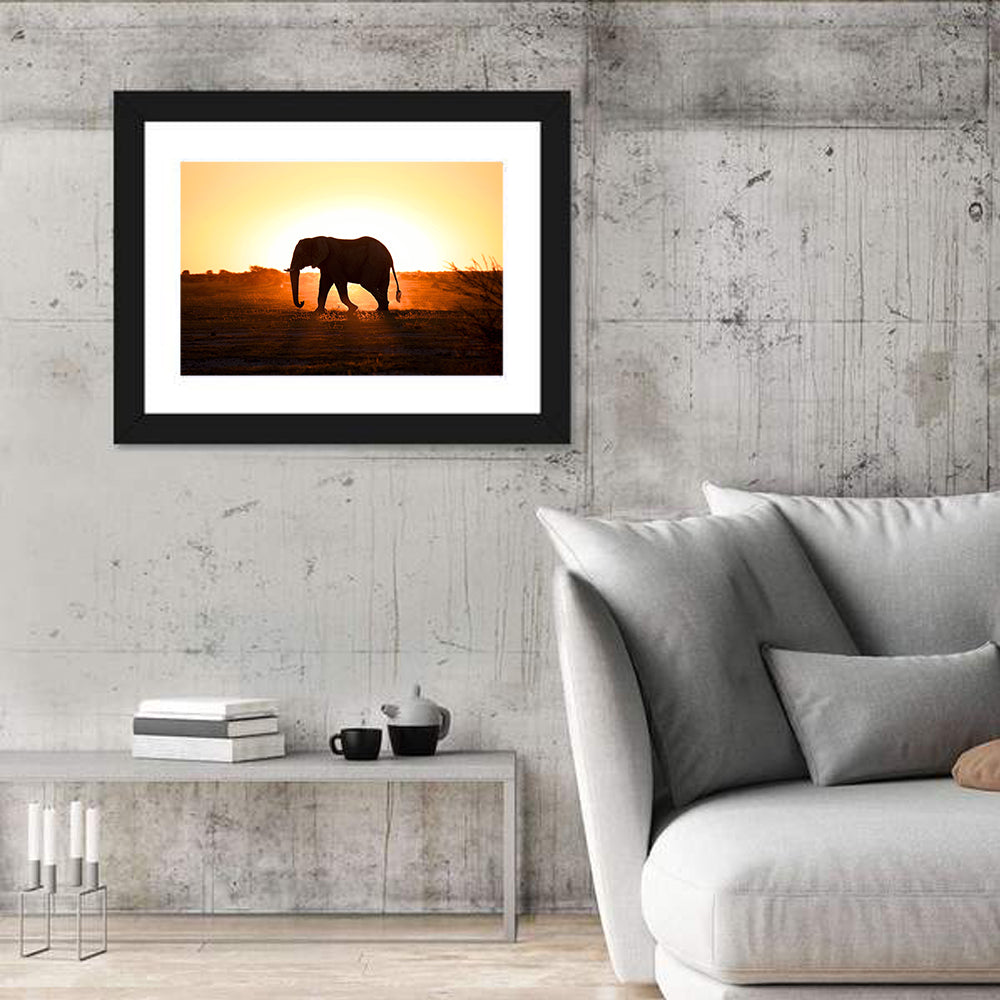 Golden Hour Elephant Silhouette Wall Art in a room, landscape