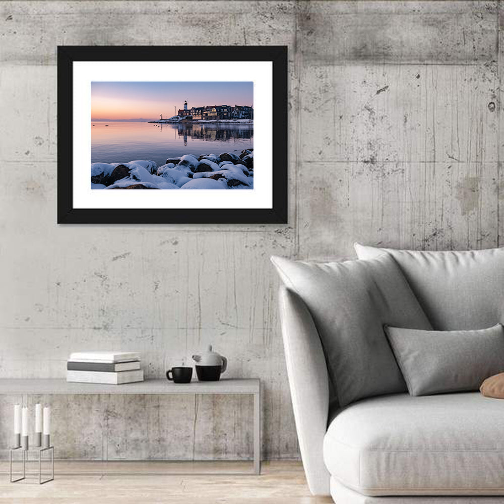 Urk Lighthouse Winter Twilight Harbor Wall Art in a room, landscape