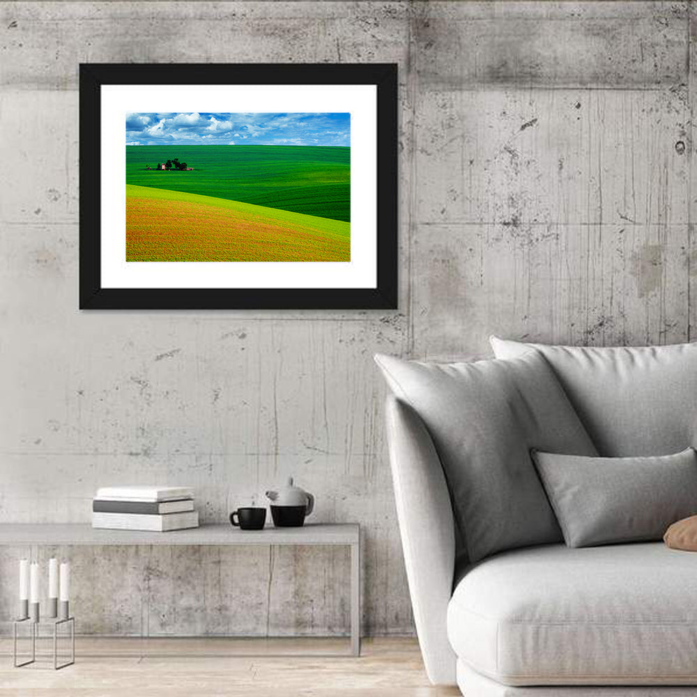 Golden Field and Green Hillside Wall Art in a room, landscape