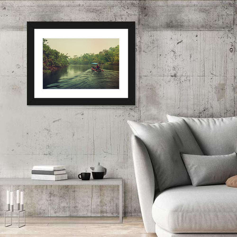 Misty Long-tail Boat on River Kwai Wall Art in a room, landscape