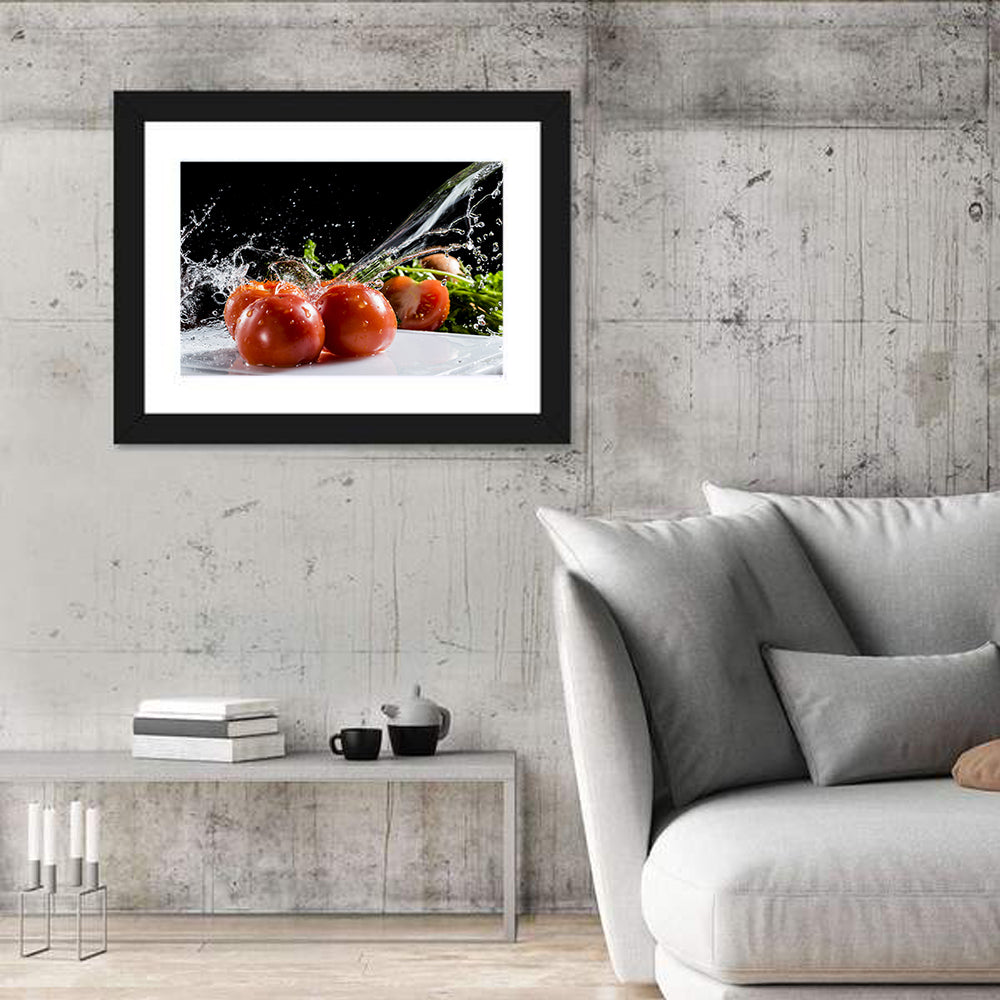 Tomatoes with Water Splash Wall Art in a room, landscape