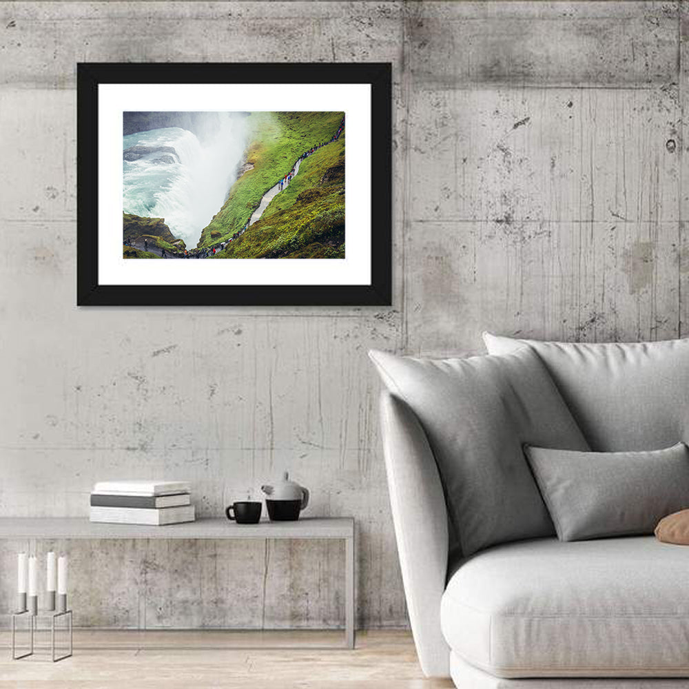 Misty Path at Gullfoss Waterfall Wall Art in a room, landscape