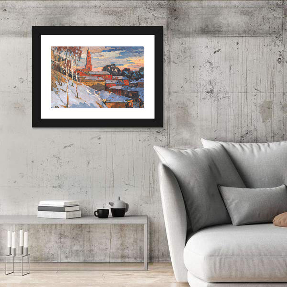Snowy Village with Church Tower Wall Art in a room, landscape