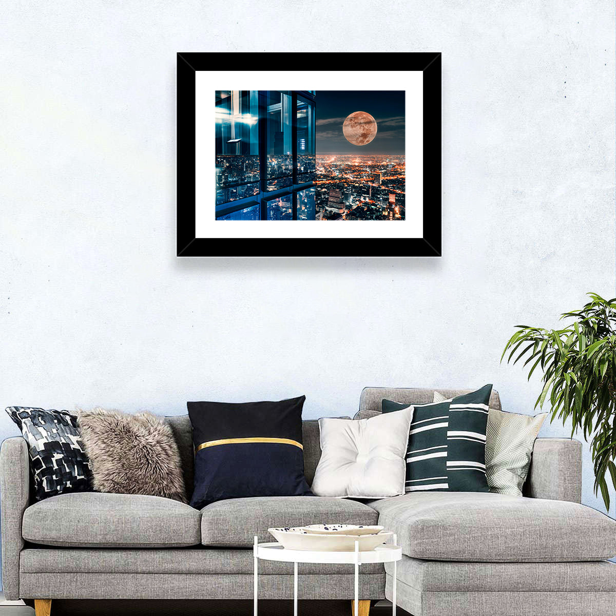 Bangkok Moonlit Skyline Wall Art in a room, landscape