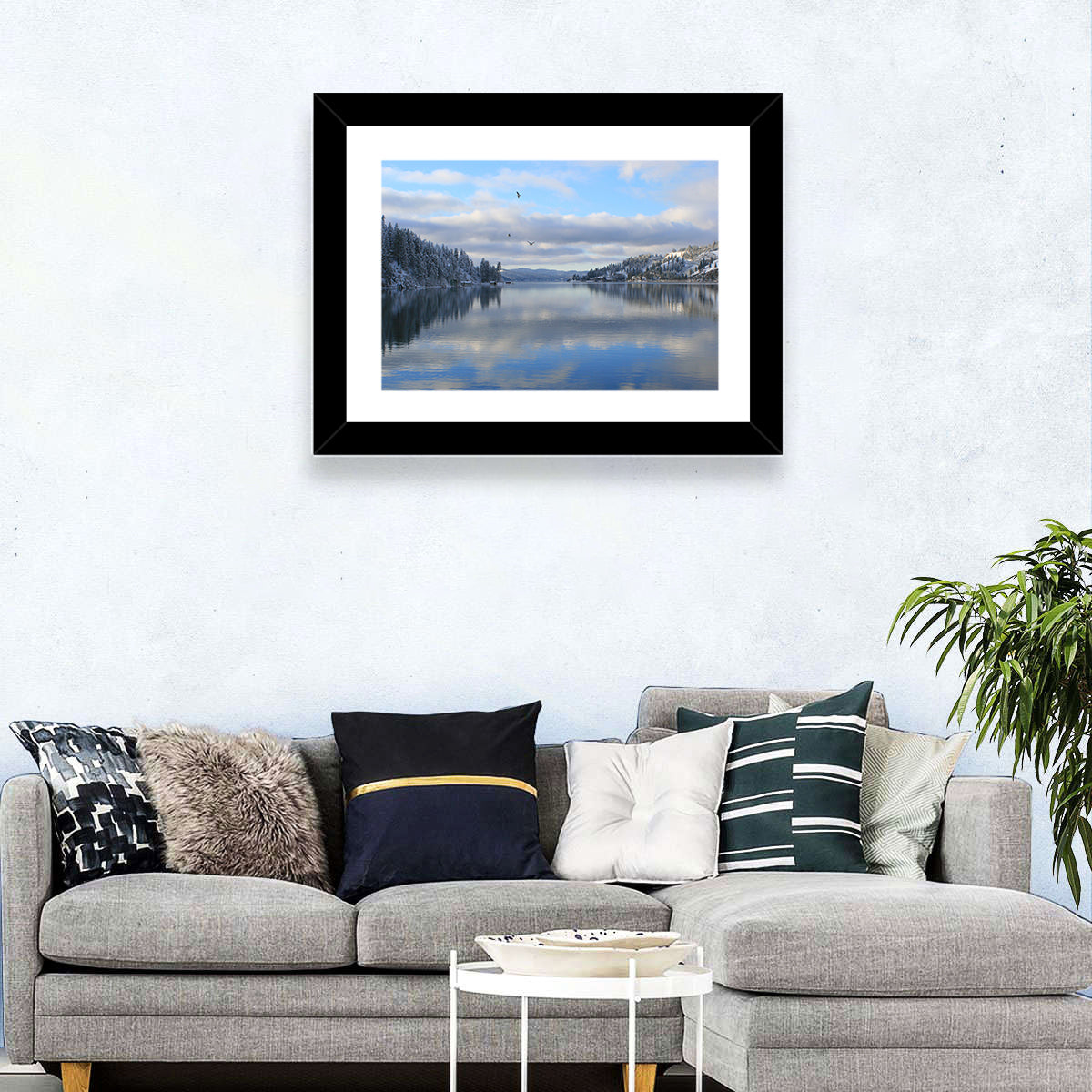 Coeur D Alene Winter Lake Reflection Wall Art in a room, landscape