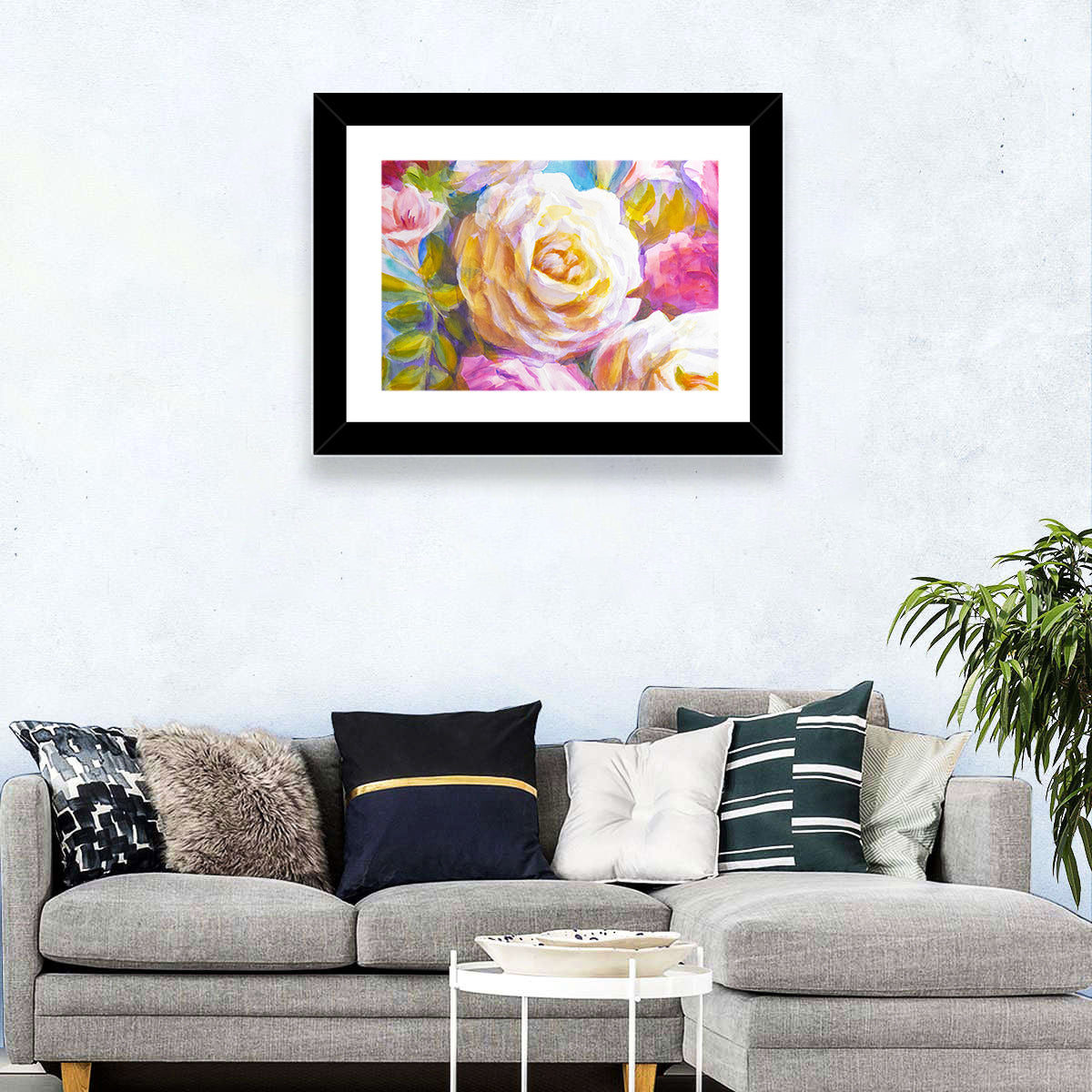 White and Gold Rose Bouquet Wall Art in a room, landscape