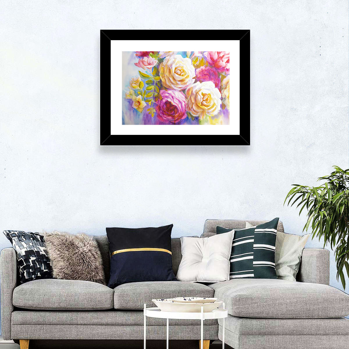Layered Watercolor Rose Bouquet Wall Art in a room, landscape