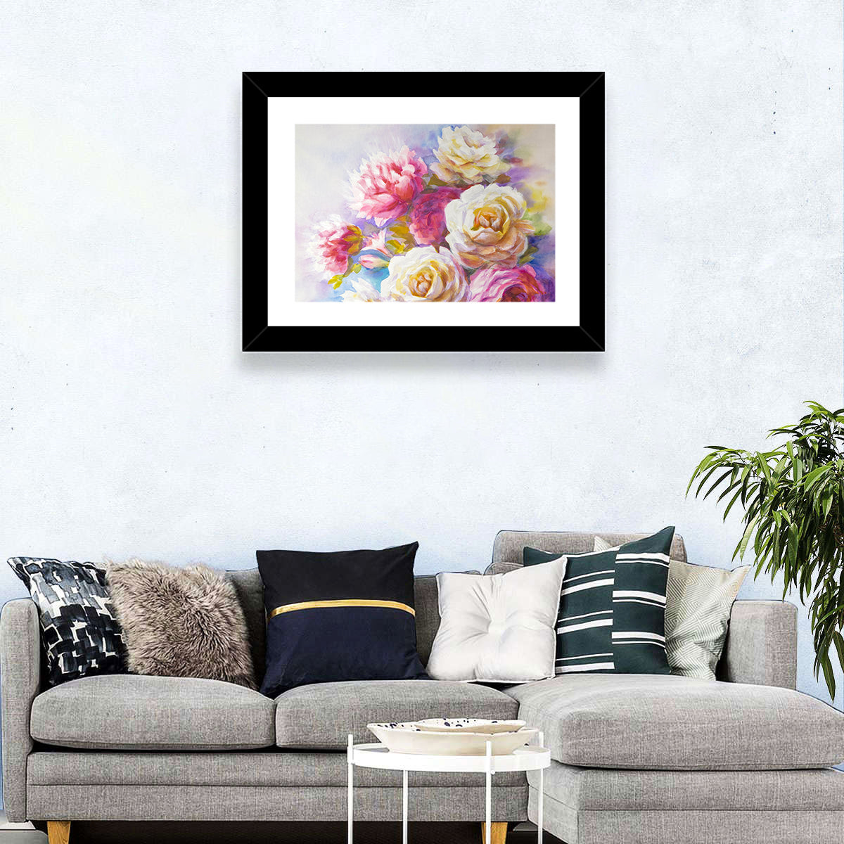 Watercolor Peony Bouquet Wall Art in a room, landscape