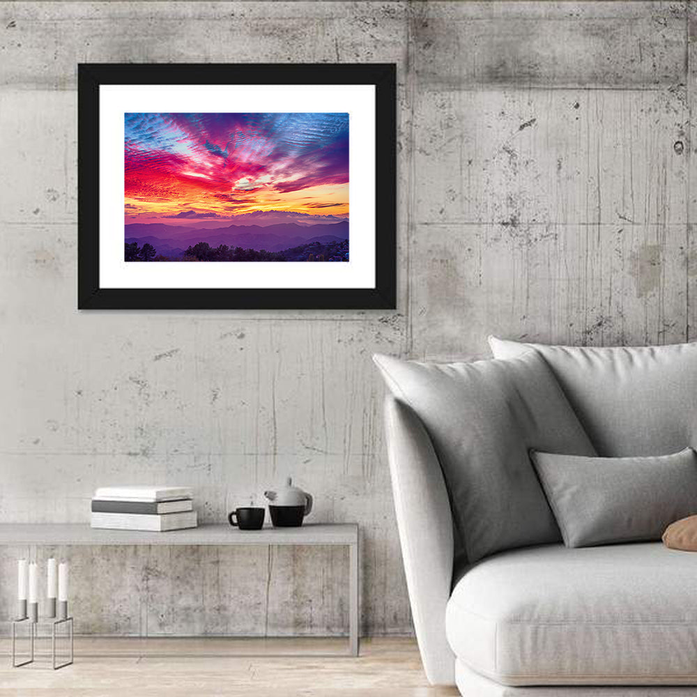 Golden Dusk Cloud Mountains Wall Art in a room, landscape