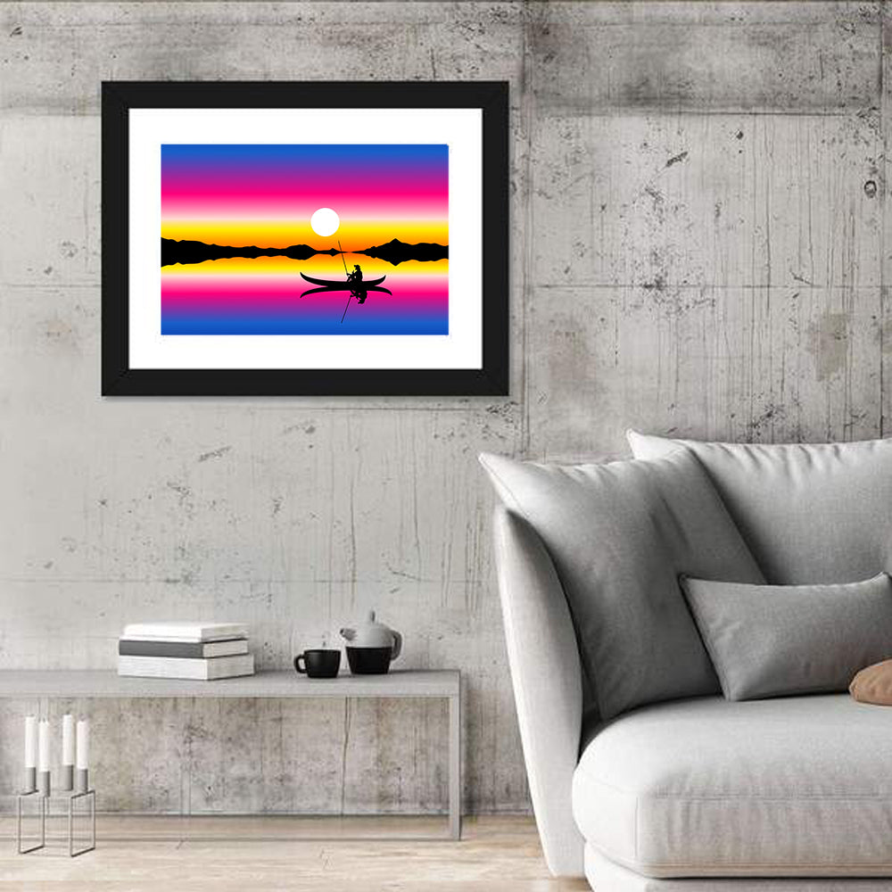 Fisherman Silhouette at Sunset Wall Art in a room, landscape