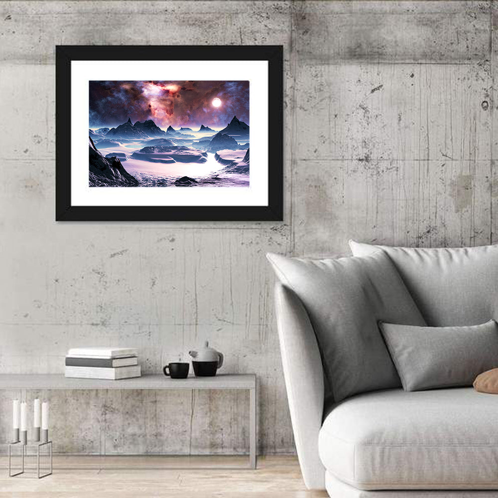 Alien Planet Winter Aurora Wall Art in a room, landscape